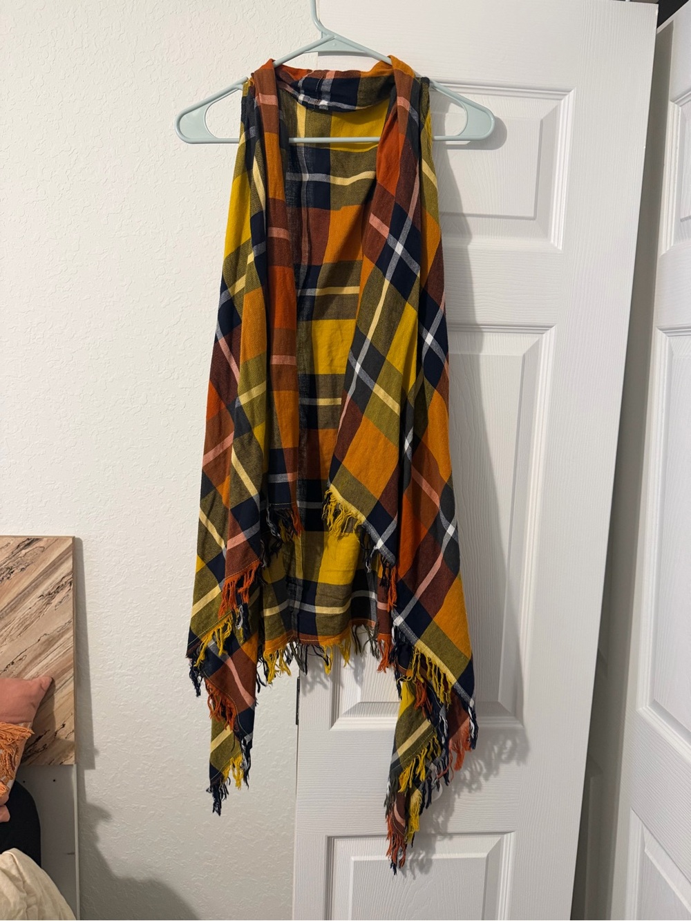 Plaid Fringe Open-Front Drape Vest in Mustard, Rust & Navy